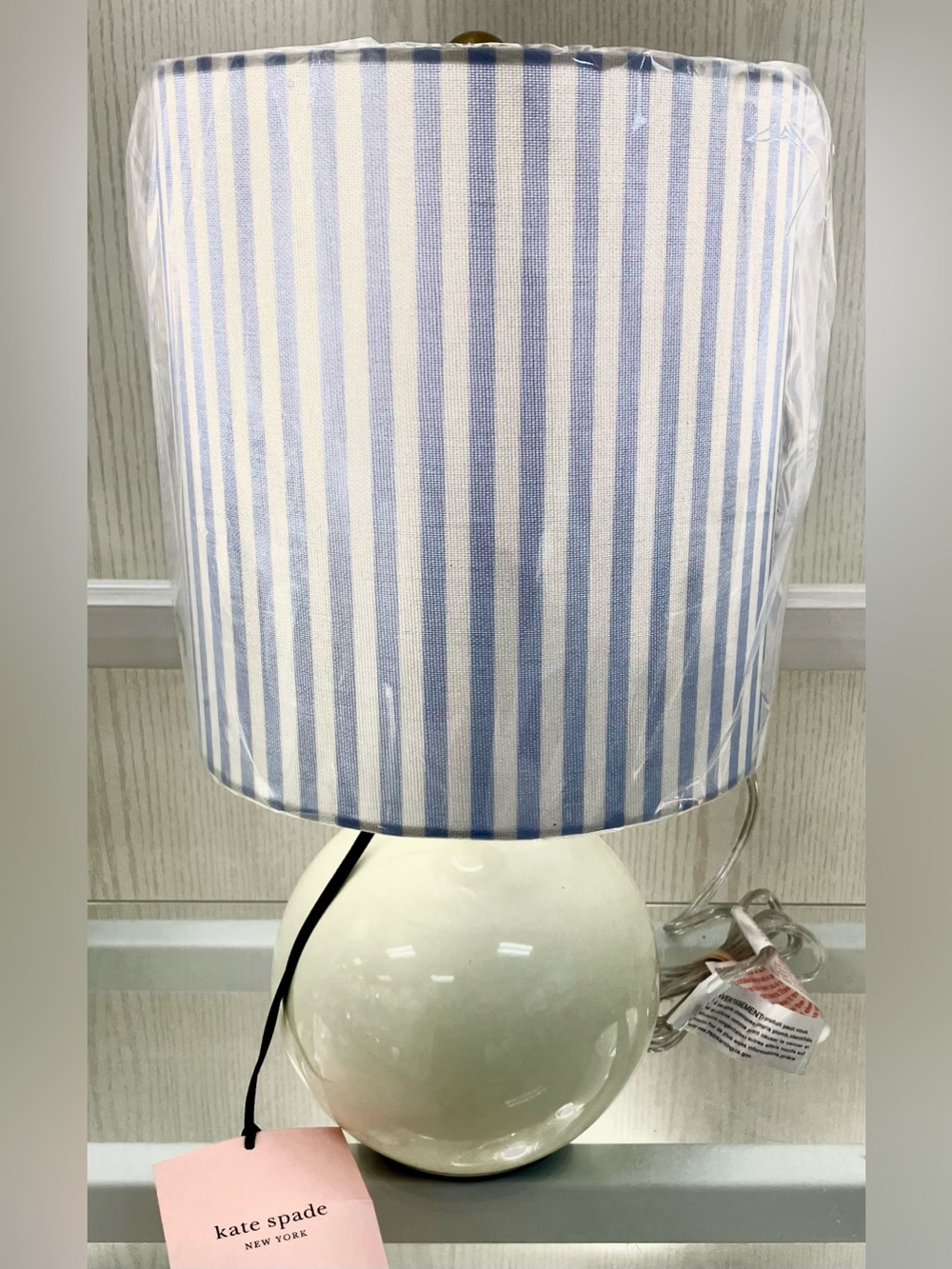 Kate Spade SIGNATURE STRIPED LAMP SHADE WITH CREAM ball base New with tags.